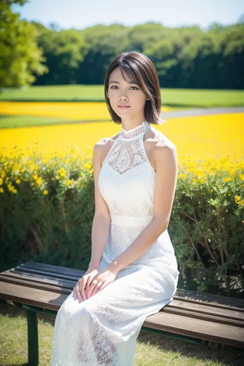 (8k, RAW photo, photorealistic, HQ, masterpiece, Brightly exposed photo), (Very elegant and beautiful, Perfect detail, Super detailed), a cute Japanese woman, (glowing eyes), 
(), dark brown hair,  (elegant white lace tight maxi dress, halter neck, Bolero)...