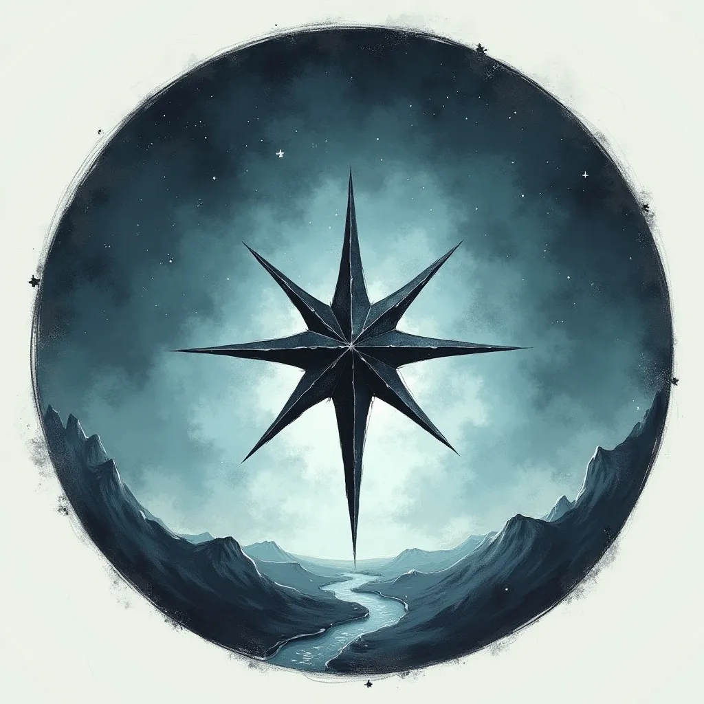 Star drawing inside an circle. Black, cyan, dark blue, light blue and white colors, poorly detailed