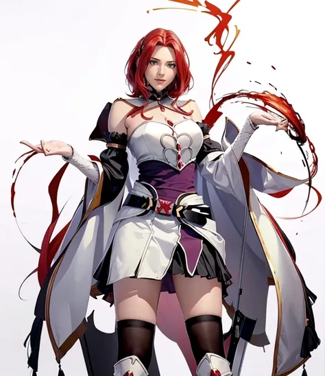 make a beautiful red-haired girl with yellow eyes,  crimson red hair （（（perfect figure，figure，black Japanese clothing,White feather woven, （（（bleach，Scars on the chest, red eyes））），S-type figure:1.7））），((masterpiece)),high resolution, ((Best quality at bes...