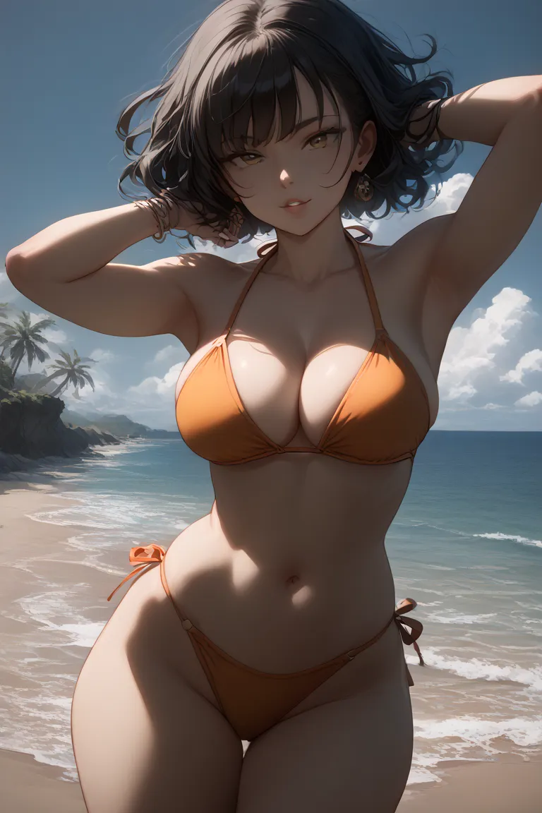 ((((Draw every detail)))), high image quality, high quality, anime style, ((((A refreshing woman)))), huge tits, big bulging boobs, big bulging ass, Disheveled Hair, glossy black hair, Play in the ocean near the sandy beach, ((( being massaged)), A beautif...