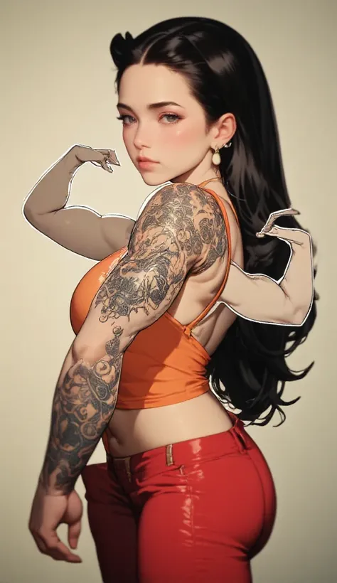 1girl, muscular_female, visible_abs, intricate_tattoos, black_hair, long_hair, side_view, orange_tank_top, red_bottoms, confident_expression, earring, bare_arms, detailed_shading, strong_pose,  comic art style,