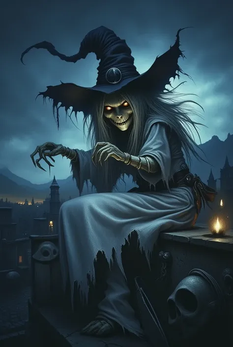 darkframe,A creepy, cartoonish witch sitting on a roof at night, with a dark blue sky and mountains in the background. She has bulging eyes, an ominous smile and a wrinkled, yellowish skin, with an exaggerately-pointed nose and chin.  her hair is long,  Gr...