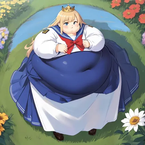 Beautiful Queen, obesity,  very large body , Belly protruding, Wear a uniform , Blue sailor collar,  blue skirt, long skirt,full body,  with field and flowers in the background, achromatic , masterpiece,  ultra high res against a flat background, high qual...