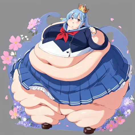 Beautiful Queen, obesity,  very large body , Belly protruding, Wear a uniform , Blue sailor collar,  blue skirt, long skirt,full body,  with field and flowers in the background, achromatic , masterpiece,  ultra high res against a flat background, high qual...