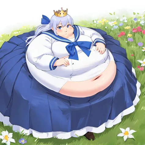 Beautiful Queen, obesity,  very large body , Belly protruding, Wear a uniform , Blue sailor collar,  blue skirt, long skirt,full body,  with field and flowers in the background, achromatic , masterpiece,  ultra high res against a flat background, high qual...