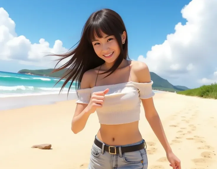  full body shot、Japanese woman. smiling, full body shot, normal breasts, full body shot, cowboy shot, Japanese, full body shot,  full body shot, off-the-shoulder outfit,  shorts、 sandy beach、 is running on the right hand、