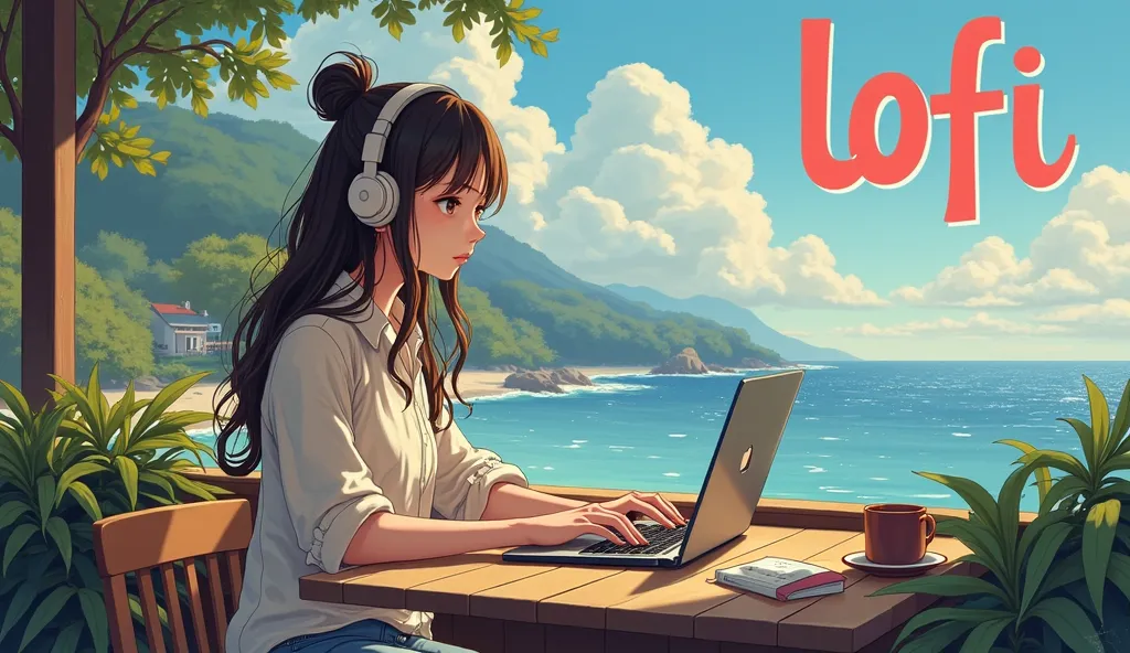 Listening to music on headphones、Girl working in a seaside cafe。The cafe has foliage plants based on white。is in the upper right corner, and rich sky and ocean scenery spreads out in the background。LOFI is written on the upper right