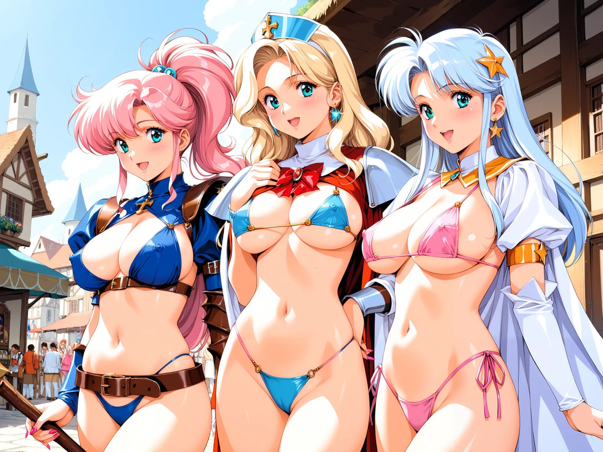 score_9, score_8_up, score_8, source_anime, 80s anime style, retro artstyle, style by Urushihara Satoshi, semi_realistic, a photo of a group of adventurers of 3 girls, there is the witch, the warrior and the priestess. gyaru, ecchi, magical girl, idols, tu...