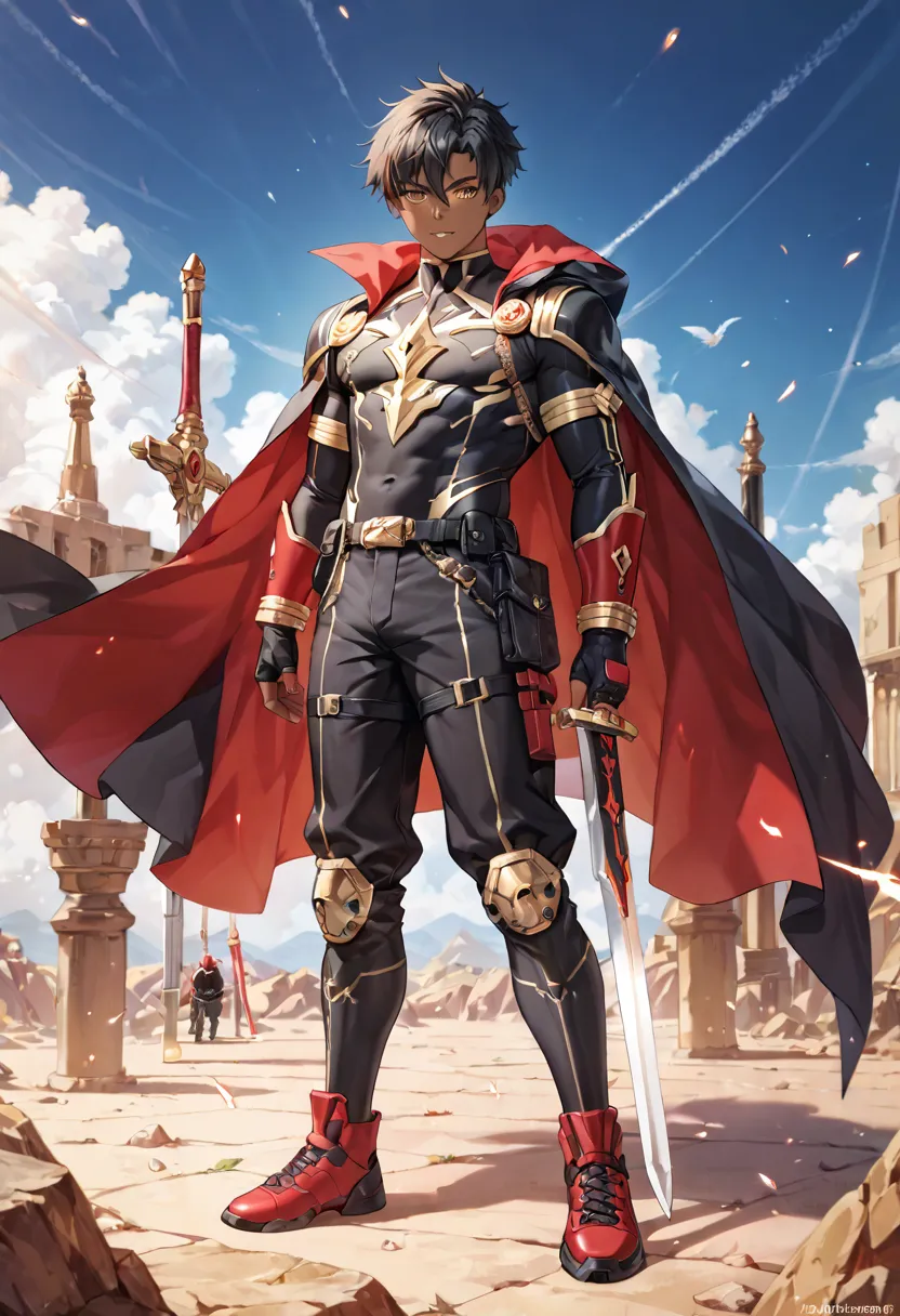 Destiny 2 haft  sword,  dark-skinned male, owari no seraph sword,  short hair,  full-body images,  boy, long black short hair , agen , african  ager boy,  black   uniform,  just one person in the background , no jacket , power  of the force,  no cape , bla...