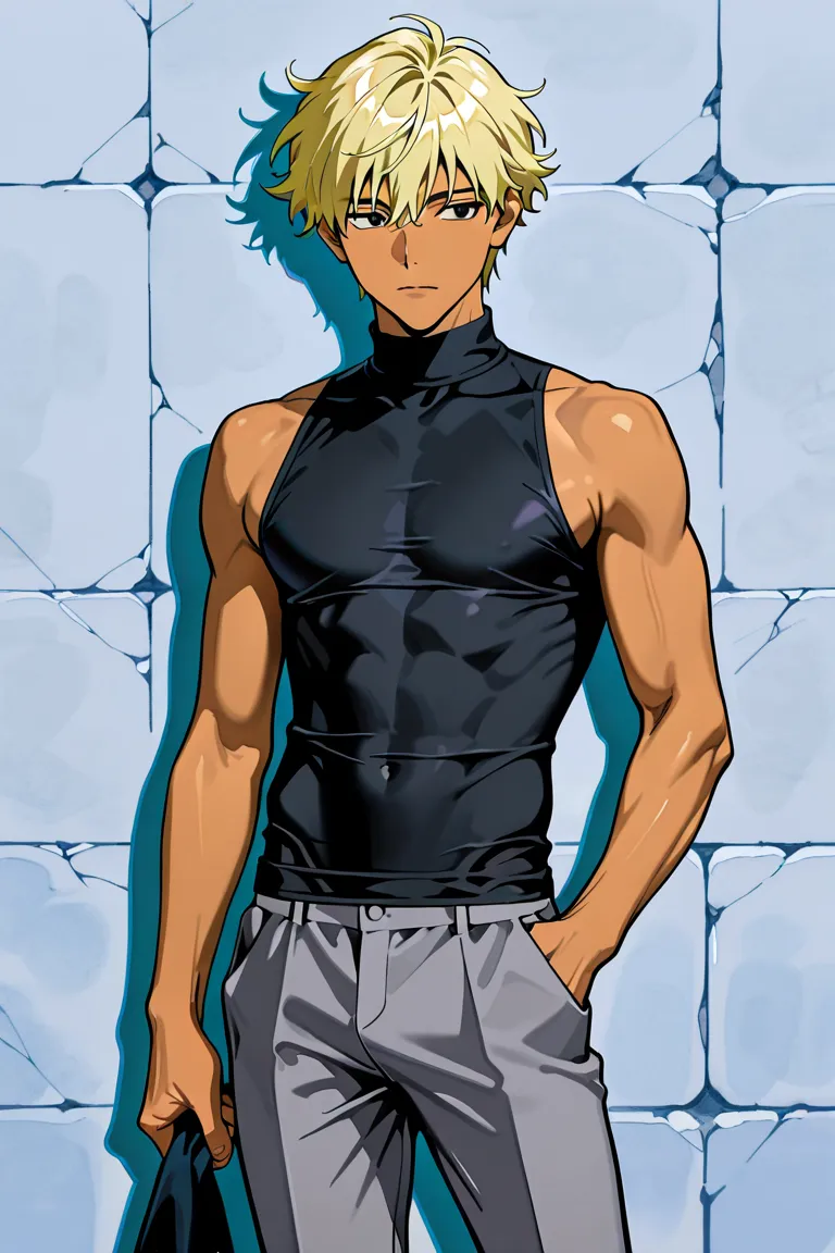 BEST QUALITY, ULTRA DETAILED, PERFECT ANATOMY, HIGH DEFINITION, INTRICATE DETAILS, ALONE, MALE, 1boy, slim toned, short blonde hair, unruly hair, tan, black eyes, slit iris, gray pants, black sleeveless turtleneck shirt, holding, two black daggers, in a du...