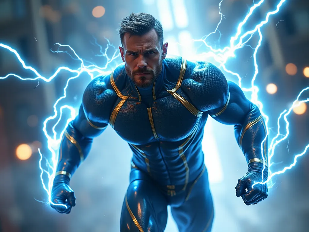 Fast Lightning", a muscular superhero wearing a blue metallic suit and gold details, capable of flying and running at high speed.