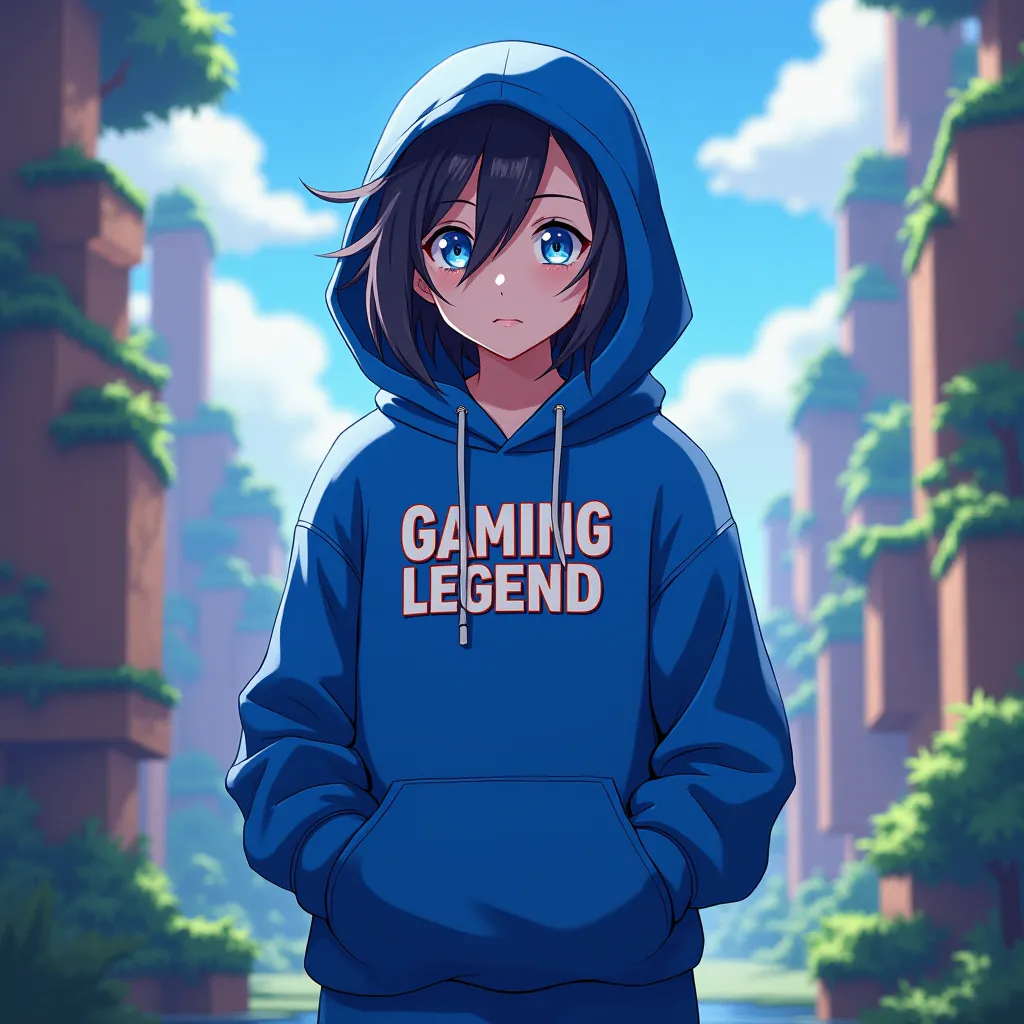 Minecraft anime style mail s character blue colour Hoodi and Hoodi text GAMING LEGEND create a beautiful image 