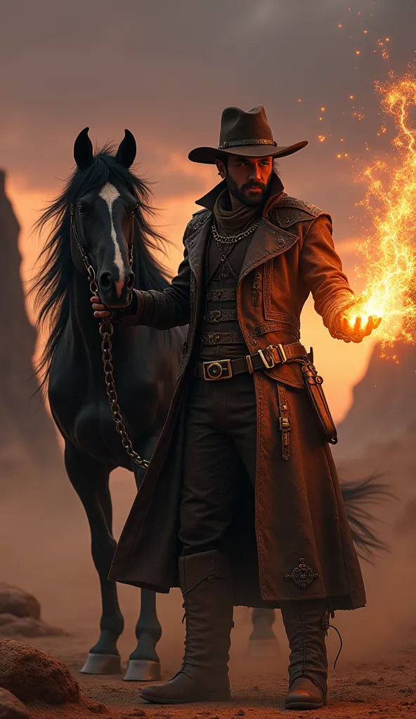 Highly detailed, ultra-realistic, 32k resolution, cinematic lighting, finely textured, intricate details, atmospheric depth, photo-realistic masterpiece, professional-grade composition.

A gunslinger mage, dressed in a dark brown leather cowboy outfit, ble...