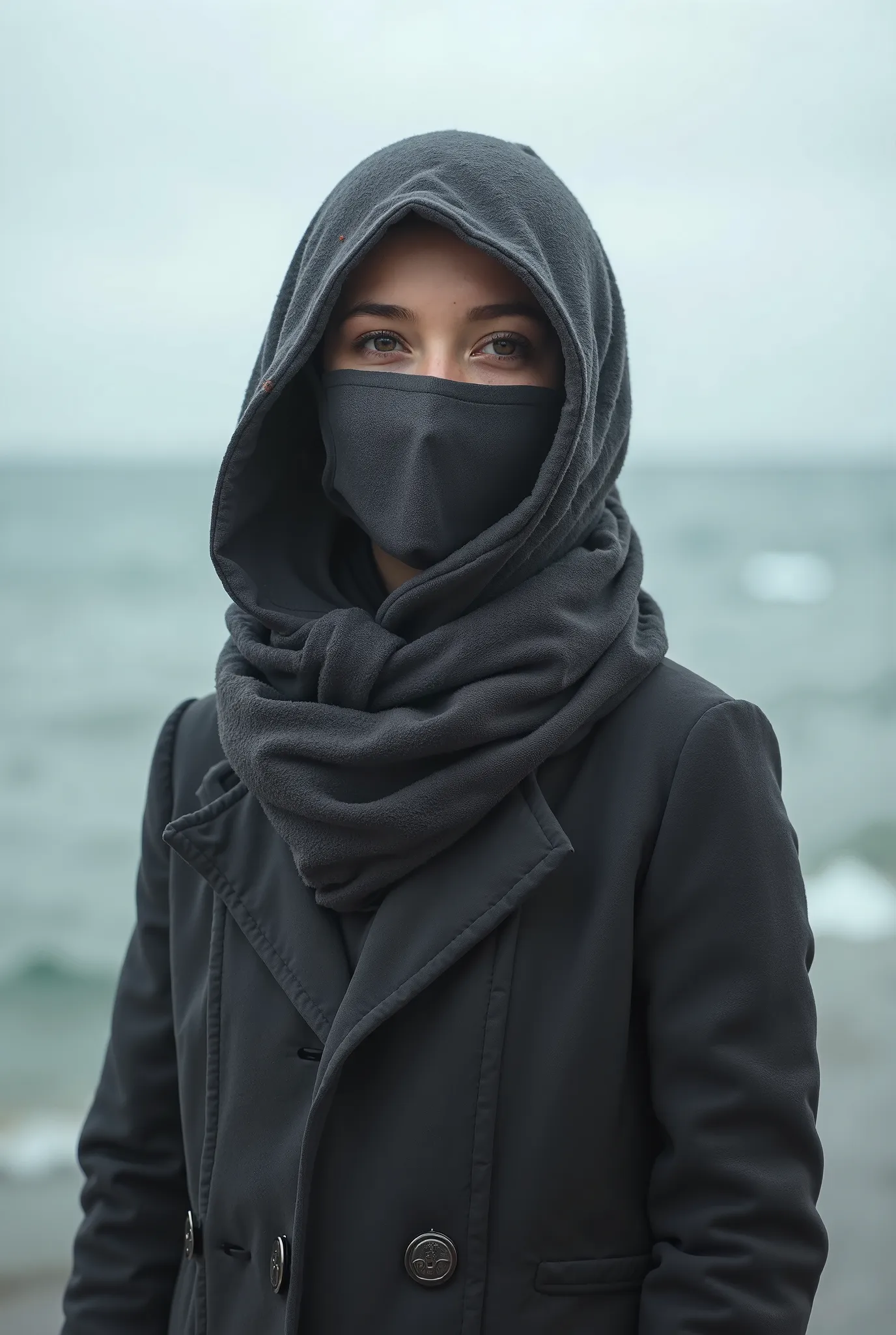 create a very realistic image for me. create an image of a girl wearing a coat, tightly covered her head with a scarf so no hairs are visible and wearing a face mask, the background can be nature, sea side, but the photo and girl should look human. the bac...