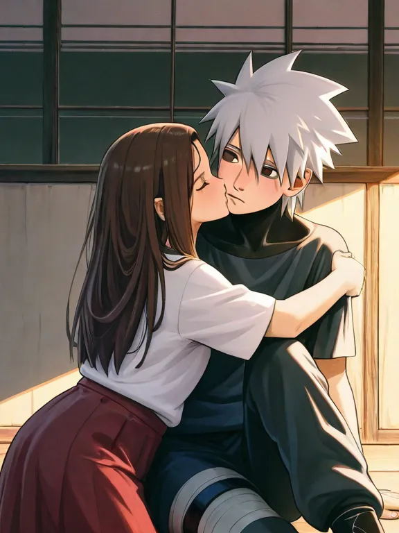 Create a character . The girl kissing with Hatake Kakashi. Hatake Kakashi and girl Kiss. Hatake kakashi is older then girl.Kakashi is silver hair men is 30.The girl is 18, brown eyes, dark brown hair,long hair ,opened forehead,beautiful, She is wearing a s...