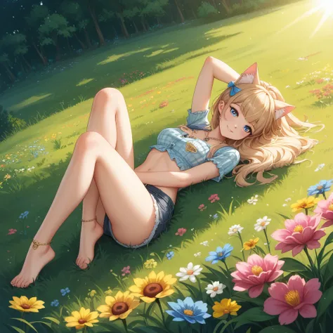 Cat girl, lying on the grass, leaving her legs and feet exposed, surrounded by a field of flowers, on a sunny day.