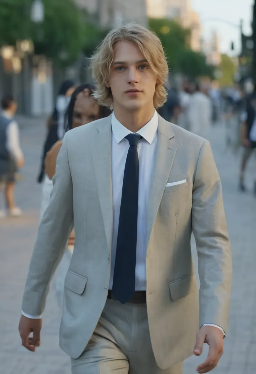  Young man, With light hair and eyes walking on the sidewalks of Teams Squire in formal clothes, Most realistic image possible , 4K, high definition