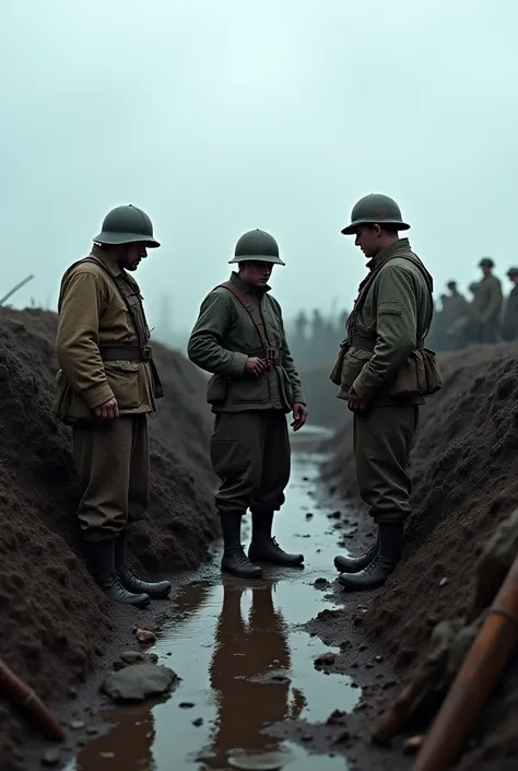 "Create a realistic and melancholic scene set in the trenches of World War I, capturing a moment of pause amidst the chaos. Show three soldiers in historic uniforms, with steel helmets and dirty mud clothes, gathered in a muddy and liquid trench. of earth ...