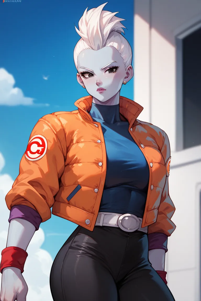 Mature woman, blue skin, white hair, mohawk hair, dragon ball style clothes, dragon ball style,, black eyes,Colin black,Orange jacket, red wristband , black pants, tight clothes,Blue sky 