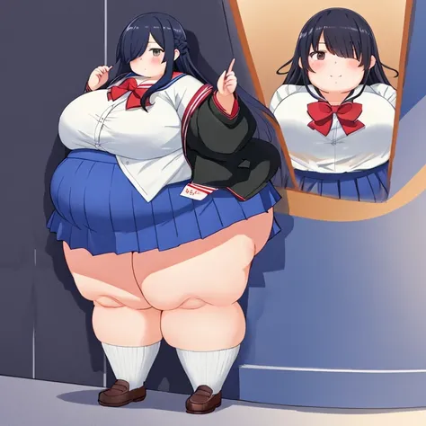 masterpiece, best quality,advanced details, black long hair,  fat high school girl who reverses her , Half an eye,  collared shirt, red bowtie, Blue sailor collar, blue skirt, medium breasts, full body,Fat lumps、 very large body ,  very膨れた, hypo, I can&#39...