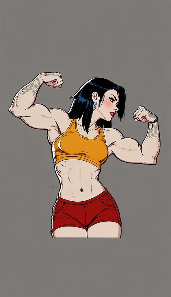 1girl, muscular_female, visible_abs, intricate_tattoos, black_hair, long_hair, side_view, orange_tank_top, red_bottoms, confident_expression, earring, bare_arms, detailed_shading, strong_pose,  comic art style,