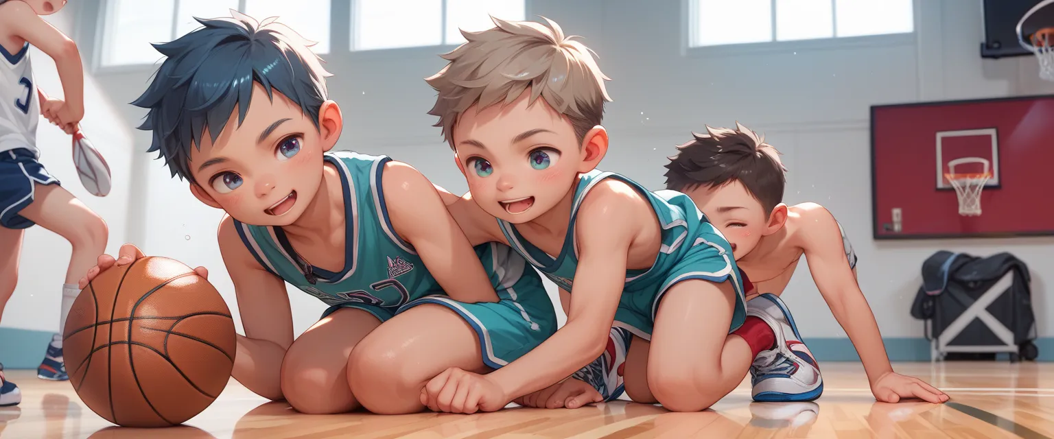 Young men, shota, playing basketball, one boy Pansing another