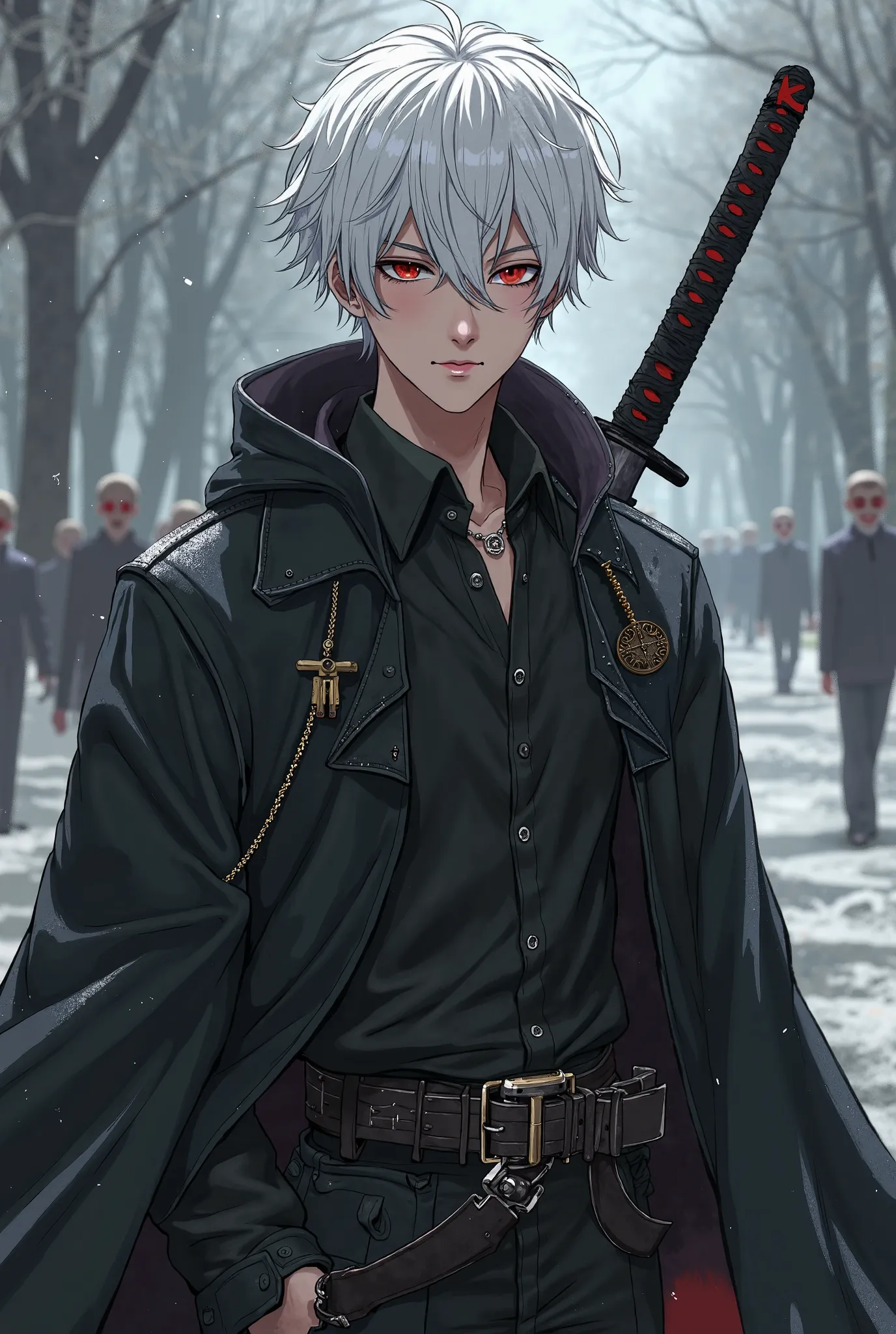 A young man with snow-white hair, very beautiful red eyes, a handsome face, wearing cool black clothes, wearing a gun belt, and having a katana sword on his back, and carrying a cold gaze, and behind him are dead bodies.