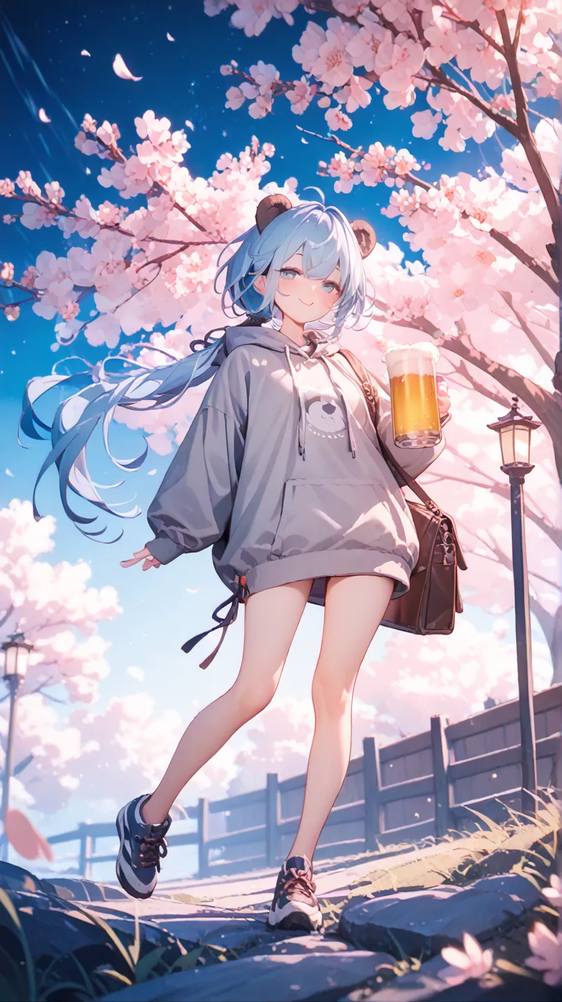 Best quality, blue hair, heart, high resolution, source anime, ultra-detailed, full body, bear ears, night cherry blossom illumination, holding a beer, slightly drunk, one girl, long hair, night, low ponytail, medium bust, very detailed eyes, gray hoodie, ...