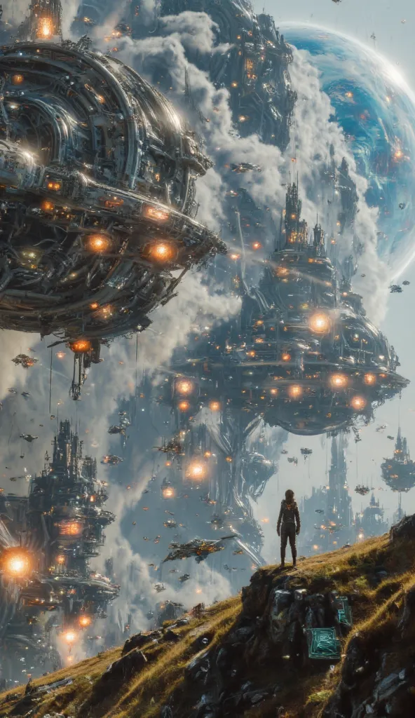 The scene should depict an epic space battle between humanity's forces and the overwhelming might of the Imperial Armada. Show Earth in the background, partially obscured by smoke or energy blasts from the ongoing conflict, with massive alien warships loom...