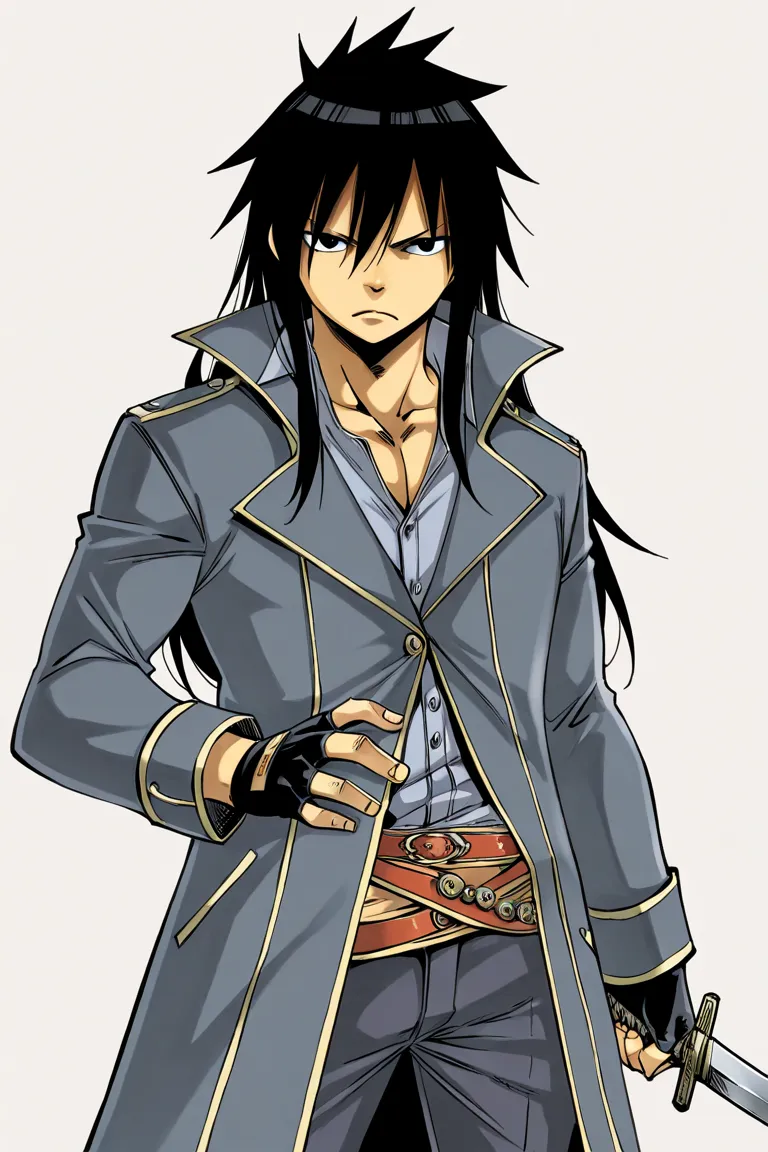  mashima hiro, 1boy, black hair, long hair, coat, long sleeves, male, solo, white background, fingerless gloves, pants, cowboy shot, adult, serious, muscular, sword, 