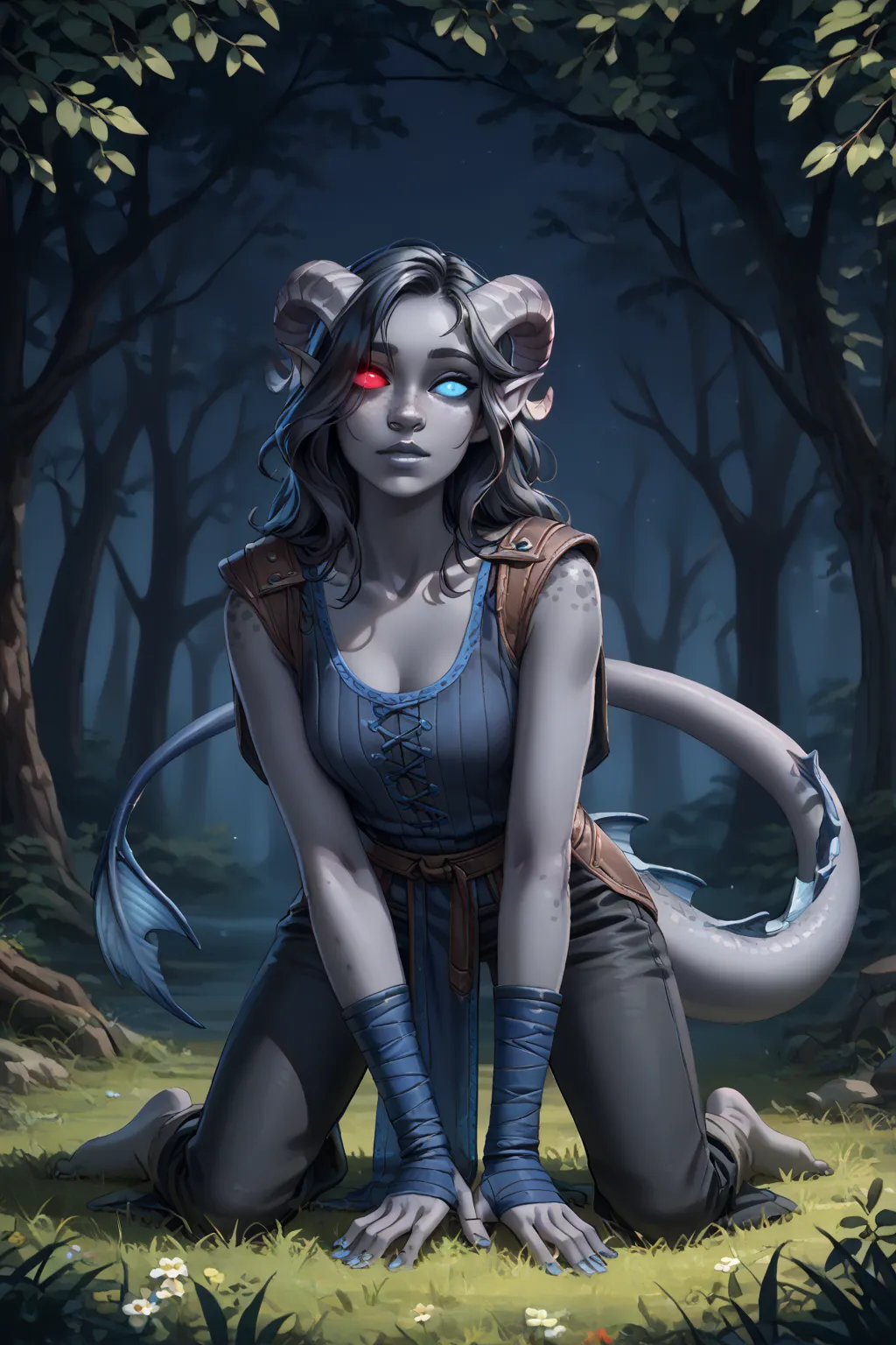 (looks full face to the right in three quarters:1.5), (Cedar tree is tall next to it), (1 adult Tiefling girl,  dark blue-gray skin :1.7), (35 years old:1.5), (One:1.3), (a curl of medium-length black straight hair covers the right eye:1.5), (kneels leanin...