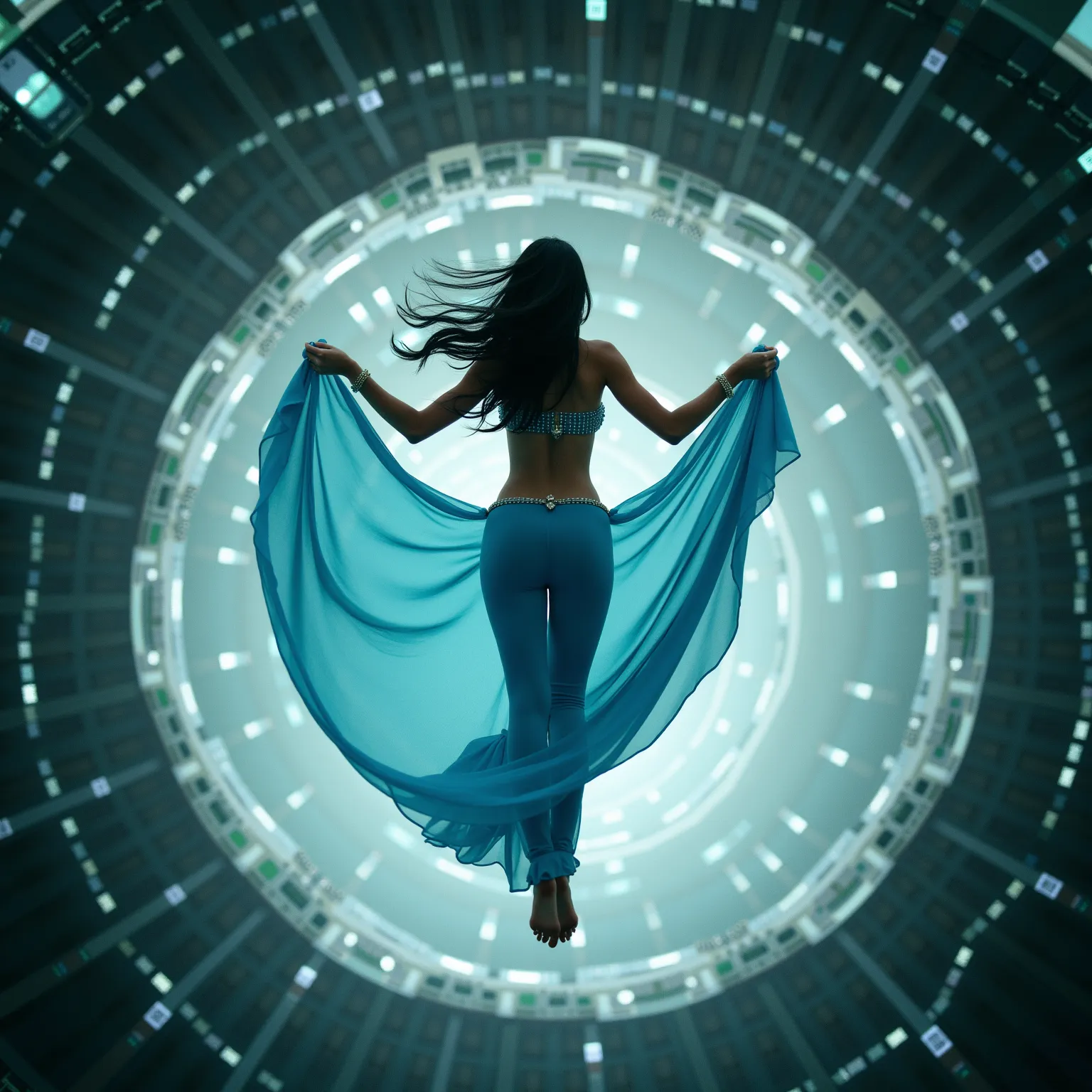 A goddess with black hair in a blue belly dancing outfit flies super hero like at the centre of a massive spiral. She is scluptural with long legs and beautiful feet. She is part of a beam of light that goes on infinitely beyond the edges of the image. The...