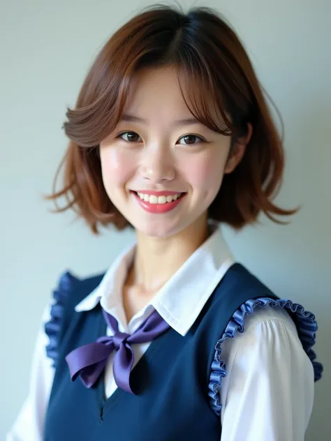 Top quality, ultra high resolution, realisitic, Beautuful Woman, Beautiful detail eyes and skin, smile, Light brown short-cut hair. She is wearing (school uniform:1.2), (collared white shirt, blue vest, blue frilled skirt), posing for a photo, photo of sli...