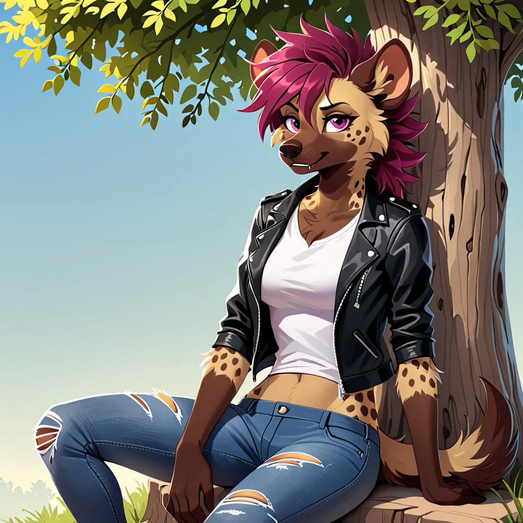 Furry, furry hyena, female, brown fur, tan underbelly, black markings, hyena face features, warrior look, denim blue torn jeans, white t-shirt, glooves, black leather jacket, tomboy look, beautiful magenta eyes, messy hair, female anatomy, perfectly drawn ...