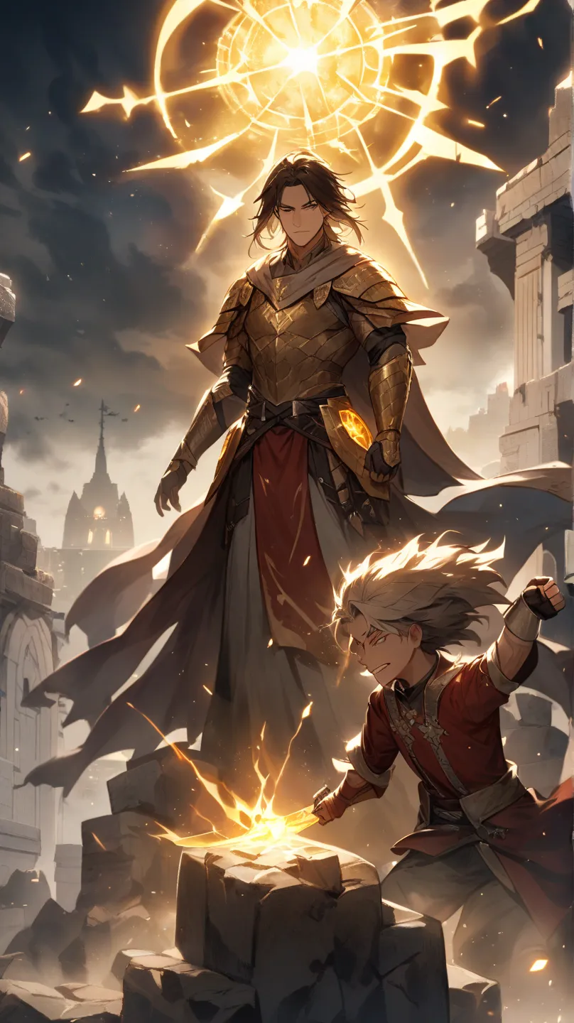 A male young warrior with divine and mortal heritage, standing in the center. His armor is cracked, glowing with celestial energy, and he wields a mythical weapon infused with divine power. In the background, celestial gods, rebellious demigods, and abyssa...