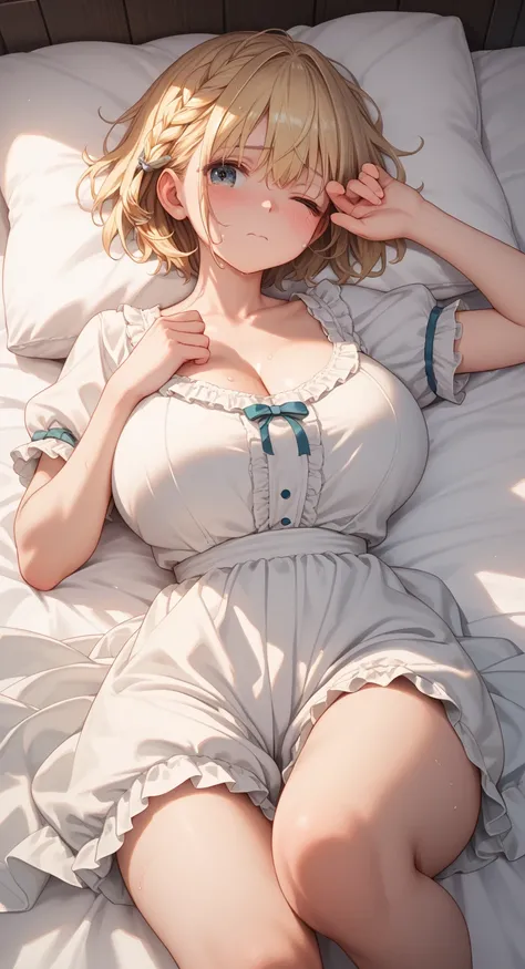 shueisha style, score_9, score_8_up, score_7_up, score_6_up, score_5_up, score_4_up, 
Masterpiece, Detail, Beautiful Cute Girl, Detailed, Best Quality, Perfect Anatomy, Super Detailed Skin, perfect finger,

blonde short hair, braid, huge breasts, thick leg...