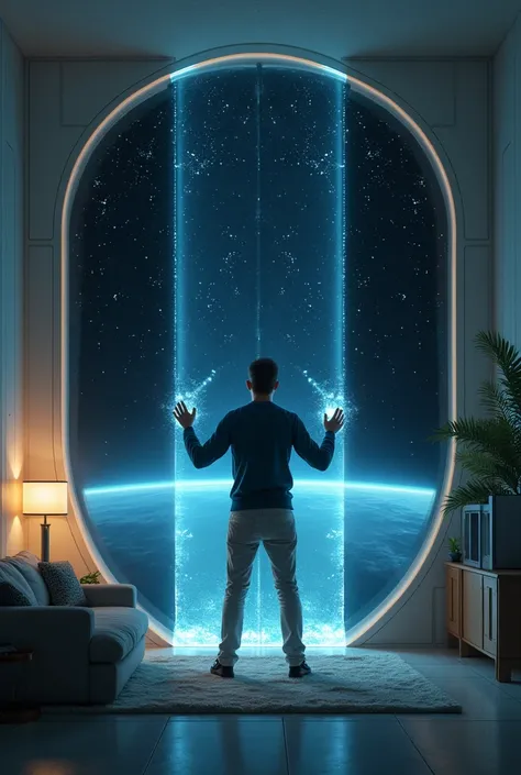 depict a man in his space enclosed by a wall and opening his teleportation device into space.