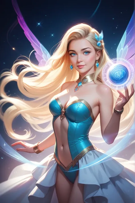 A pretty blonde girl with a magic sphere between her two hands and around her an aura of colors
