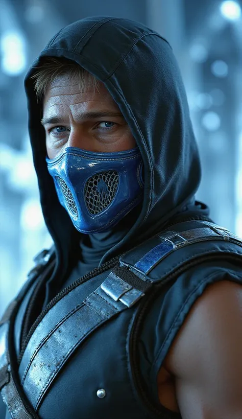  Here is a detailed prompt to generate an image  ** super realistic** of Brad Pitt as **sub-zero**, with shiny metallic blue mask and realistic details, focused on the upper body: --- **"Close-up hiper-realista of Brad Pitt as sub-zero, the cryomating ninj...