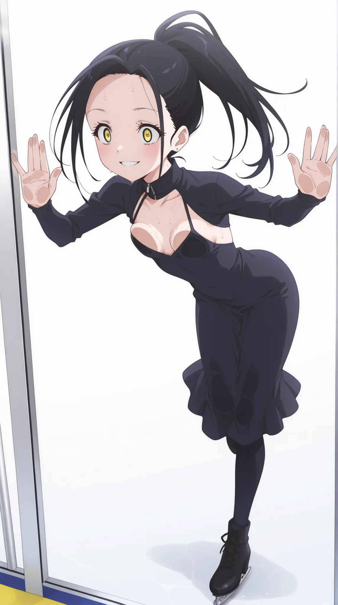 Kanzaki Hikaru 、high resolution、best quality、masterpiece、super detailed skin、perfect anatomy，beautiful detailed eye、anime colored / animated paintin、 1girl 、crazy eyes、 Sanpaku、small breasts、cleavage、slender、evil smile、(breasts on glass),(breast press)　mas...