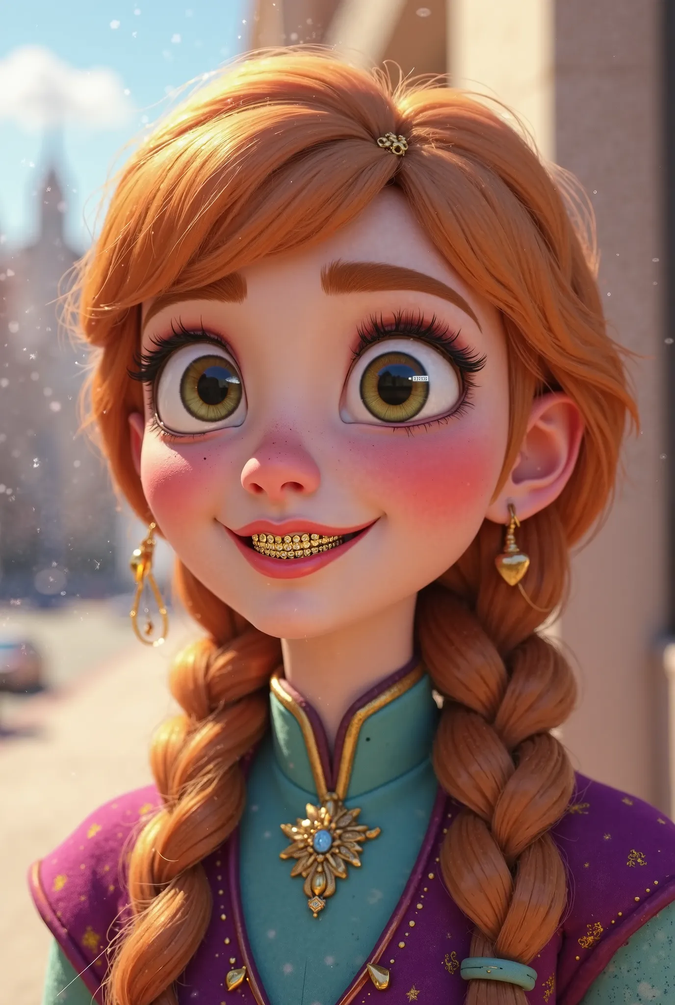 Tip: A very lovely Anna from FROZEN being happy alone in Downtown San Diego in the sun… The illustration is a high definition illustration with 4k resolution., with highly detailed facial features and cartoon style visuals, close up of Anna’s face with an ...