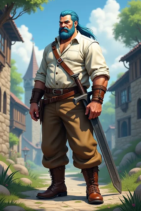 Male, middleage JRPG Charakter, , Blue Hair, ponytail, Brown Pants, White Shirt, Brown boots, broadsword