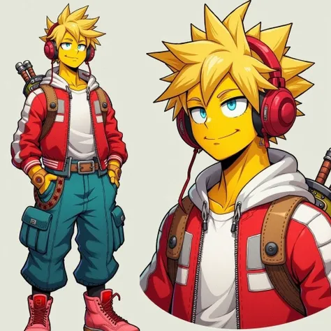 - *yellow-skinned breasts*
- *red jacket*
- *white t-shirt*
- *blue cargo pants*
- *red shoes*
- *red headphones*
- * yellow hair*
- *blue eyes*   Is a man modern anime style like My Hero Academia is the main style the most important thing is the least rea...