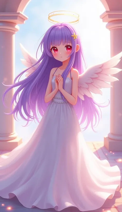 cute female angel，2D Anime Character Edition，Purple long hair，Bright red eyes，wears long white dress，Adult Full Body Figure，The mouth is very small，Super fair skin，The expression is super shy