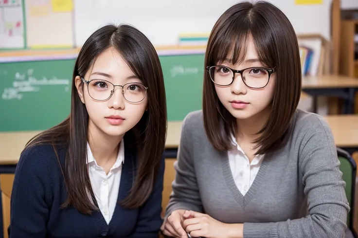 Indonesian girl 25 years old  Hairstyle Casual, wearing teacher  casual and glasses  with her work friend at teacher room in school work as teacher