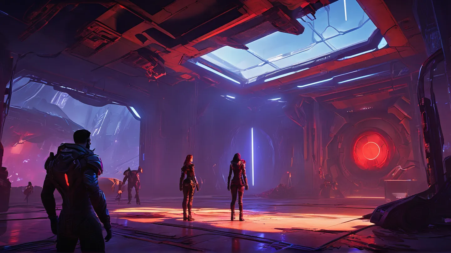 New Eden's hangar at dusk, Kael stands with Widowmaker in Jaxon's wrecked cell, Nyx tosses him the Echo Shard-glowing red. Nightmare's Edge lifts off, Mira detects a signal on her drone, Dust Runner preps, cyberpunk sci-fi style, moody reds and blues, quie...