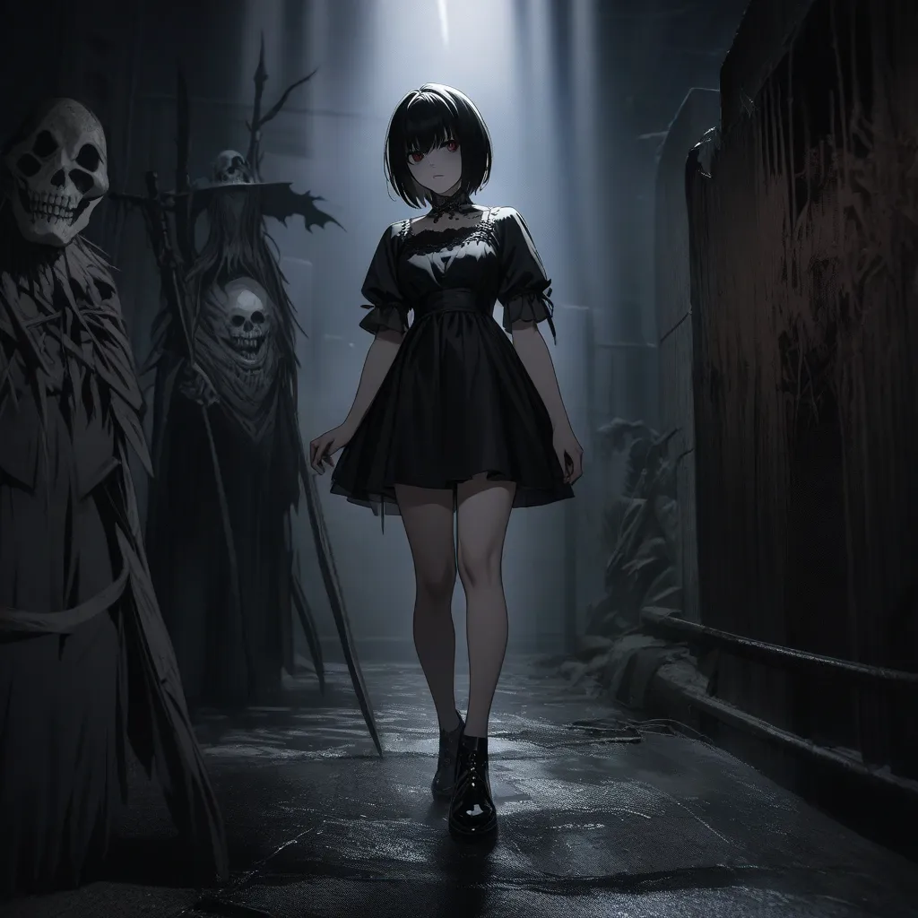 chica,hair half black half red, short hair，8K，high quality, Shinigami Ryuk ,Shinigami behind her( Death Note ) , Girl In Black Dress , black mayas, gothic shoes