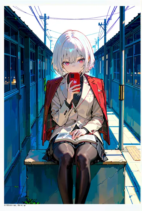 masterpiece, best quality, ultra detailed, score_9, score_8_up, score_7_up, score_6_up, score_5_up, score_4_up, 1girl, masterpiece, best quality, ultra detailed, short hair, white hair, black pleated skirt, black shirt, long sleeves, pale beige suit, (anot...