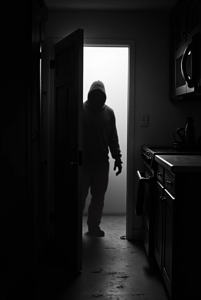 An open kitchen door and a terrifying shadow peeking out from behind it black and white image