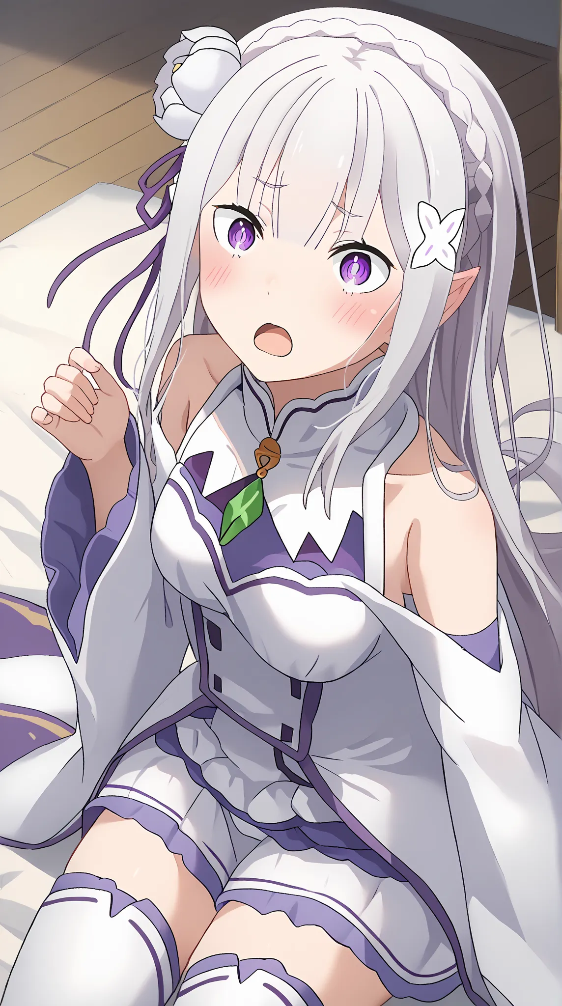 score_9, score_8_arriba, score_7_arriba,   source  _anime,
BREAK
1girl, Alone , 
 shimilia , long hair, gray hair sweater, purple eyes, pointy ears, Crown braid,  hair flower, hair band, purple ribbon, Hair ornament x, white dress, neckline, bare shoulders...